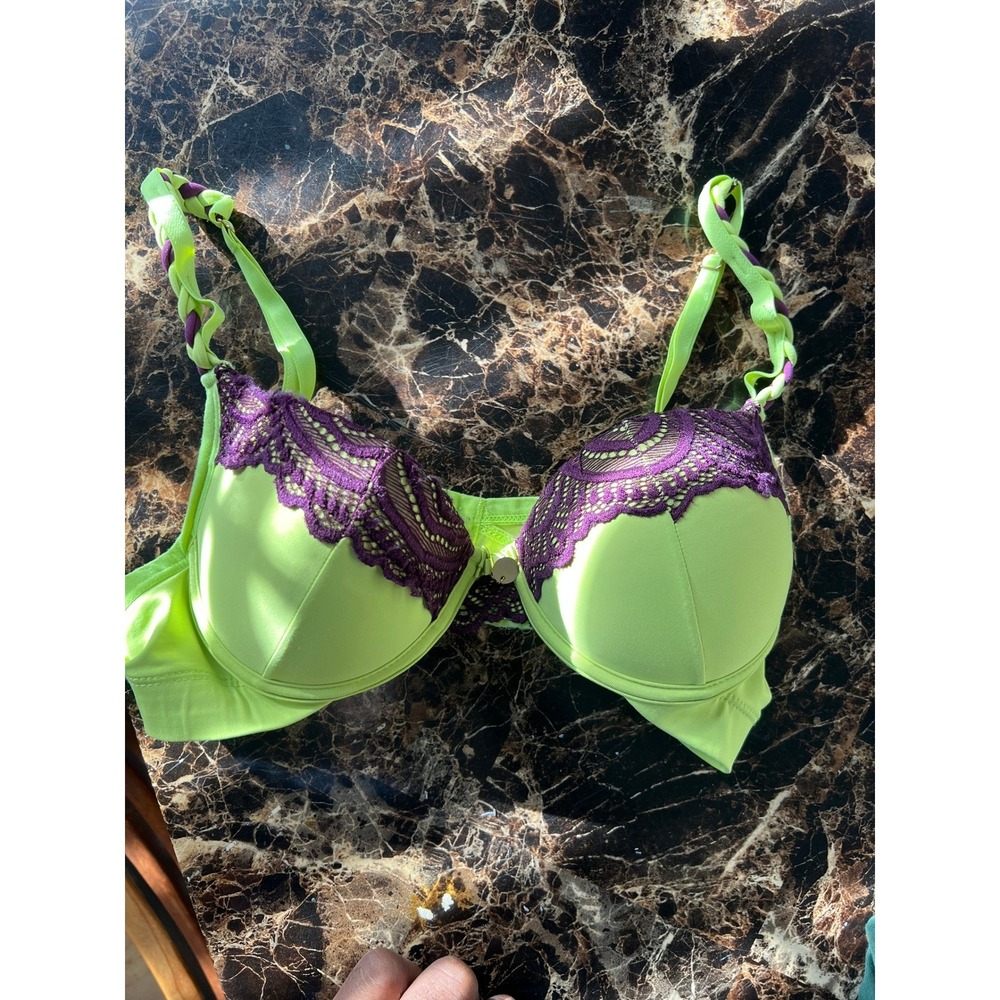Cherry Moda Intima Neon Lime Green Purple Lace Push Up Bra Braided Straps Size M